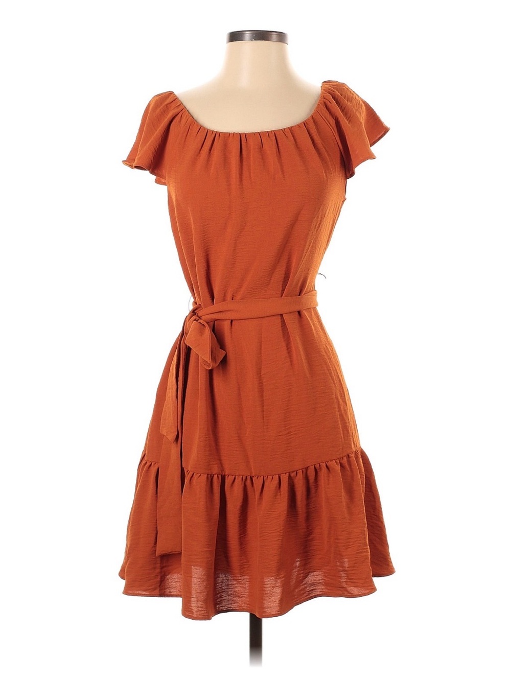 DKNY Rust Orange Off-Shoulder Belted Midi Dress